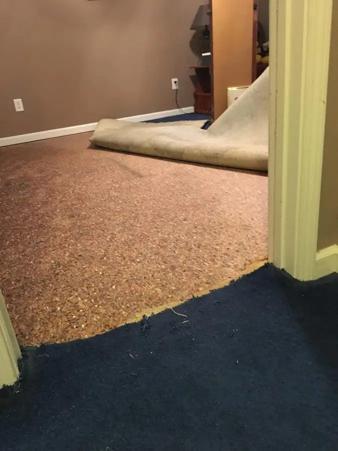Carpet pad removal revealing water damage during Water Mitigation Services in Lehigh